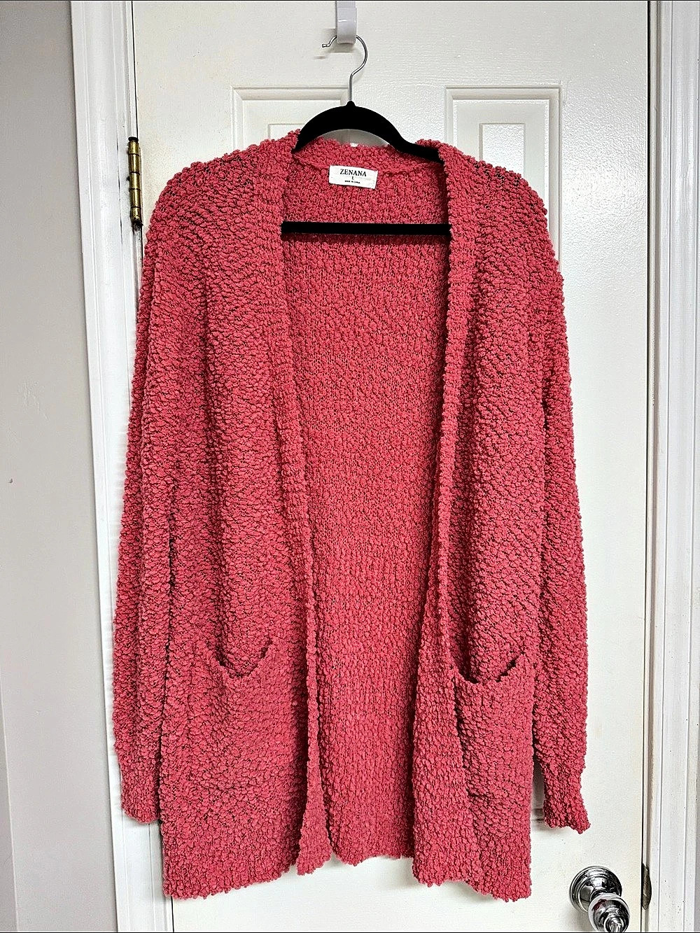ZENANA Popcorn Knit Open Front Cardigan with Pockets Pink Large